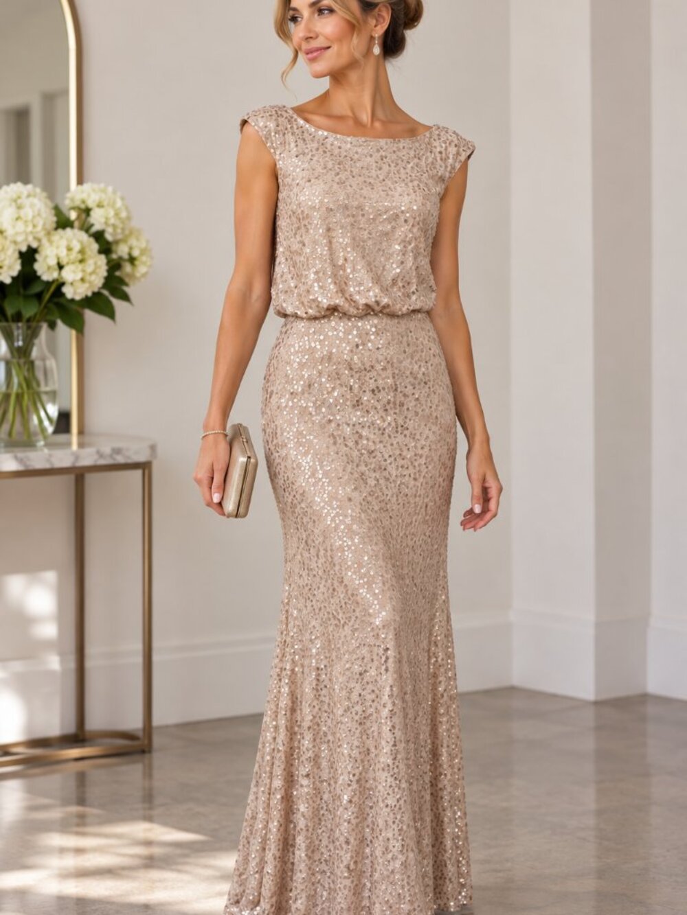 Davids Bridal S Champagne Sequin Blouson Gown Cap Sleeve Bridesmaid Formal Glam